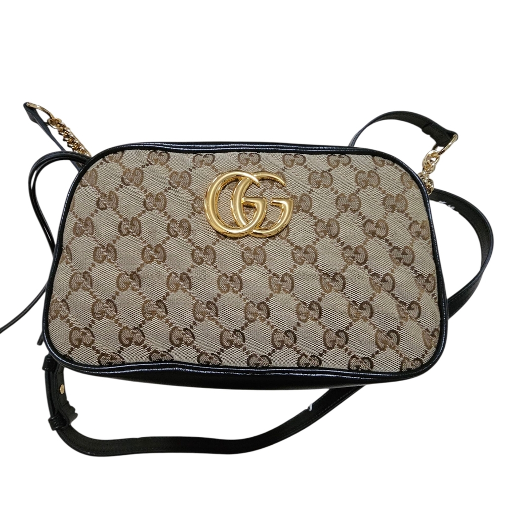 Gucci Beige and Black Crossbody Bag with Gold Accents